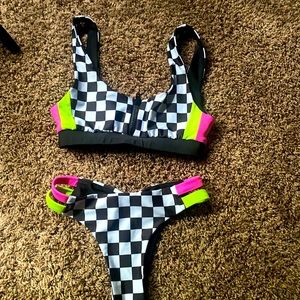 Bathing Suit - black and white checkered with neon pink and green details